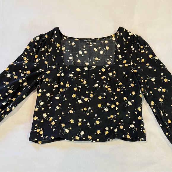 Love Tree Blouse Black & Yellow Floral Cropped Long Sleeve Women’s Sz S - Picture 10 of 10